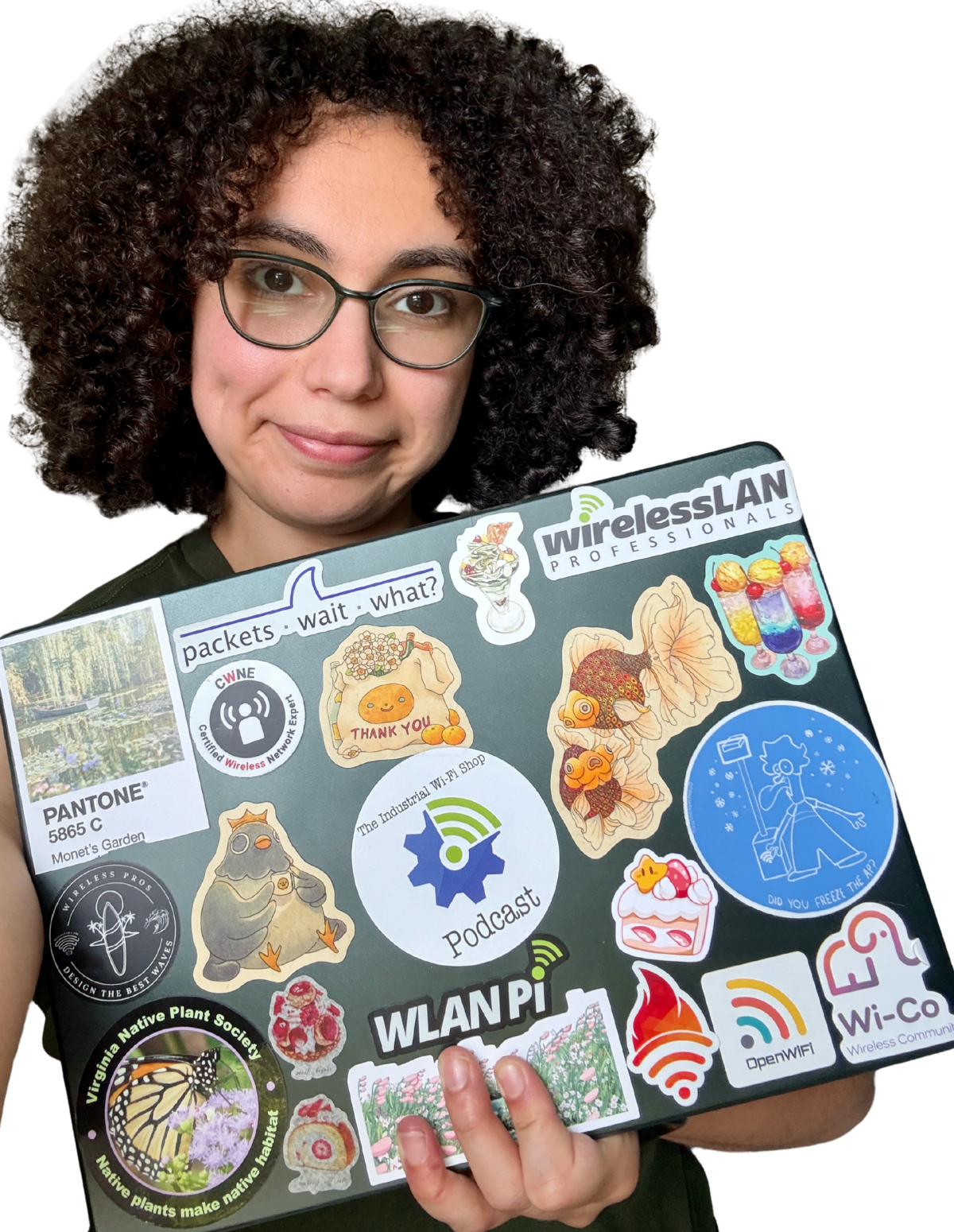Photo of Eva Santos holding a laptop covered in Wi-Fi stickers